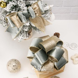 Ribbli Dusty Green Velvet Ribbon Wired 2.5 Inch Glossy Velvet with Champagne Glitter Christmas Ribbon for Christmas Tree Decoration Big Bow Gift Wrapping Crafts Wreaths Supplies - Continuous 10 Yards