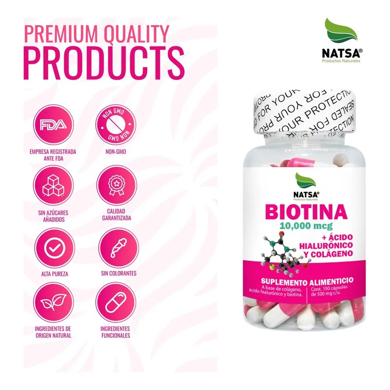 Biotina 10,000 Mcg Con Ácido Hialurónico Y Colágeno 100 Caps,