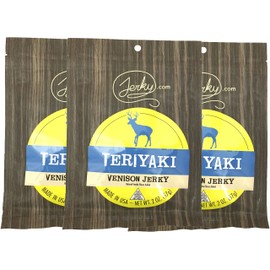 Jerky.com's Teriyaki Venison Jerky - 3 PACK - The Best Wild Game Deer Jerky on the Market - 100% Whole Muscle Venison - No Added Preservatives, No Added Nitrates and No Added MSG - 5.25 total oz.
