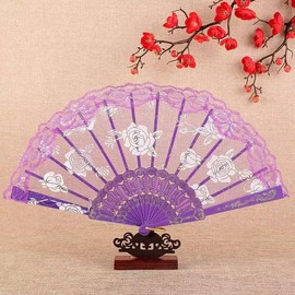 GIGGSKZE Lace Folding Fan Handheld Chinese Hand Fans Women Foldable Fan with Gold-Plated Rose Pattern for Party Wedding Church Dancing (1, Purple)