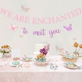 kreat4joy Butterfly Baby Shower Decorations, We Are Enchanted to Meet You Baby Shower Decorations Banner for Butterfly Theme Welcome Baby Shower Gender Reveal Decorations