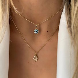 Allereya Vintage Layered Evil Eye Necklace Hamsa Pendant Necklace Gold Blue Eye Choker Necklace Eye Hamsa Hand Necklace Jewelry for Women and Girls