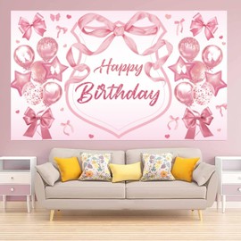 LOONELO Happy Birthday Pink Bow Backdrop, Coquette Girl Bowtie Banner 70.8" x 43.3", Pink Bow Knot Photography Background for Girls Women Bachelorette Birthday Party Decorations Supplies