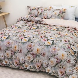 MAGRACE Full Size Duvet Cover 100% Cotton Boho Floral Bedding Set with Hidden Zipper, Comforter Cover with Peony Pattern, Luxury Soft & Breathable for All Seasons