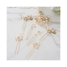 SWEETV Bridal Wedding Hair Accessories Set of 7, Pearl Wedding Hair Comb Rhinestone HairPins Leaf HairPieces Elegant Bridal Headpieces Accessories for Brides Bridesmaids Women Girls