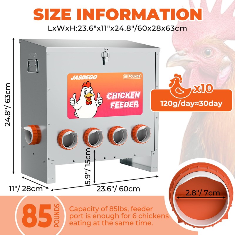 JASDEGO 6 Ports Automatic Chicken Feeder 85 Pounds Large Gravity