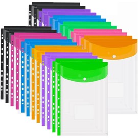 ASelected Pack of 24 A4 Document Folders, Press Stud, Filing, Transparent, 6 Colours, A4 Document Folders, Folder Bag for Document Organising, with Push Button and Label Pocket