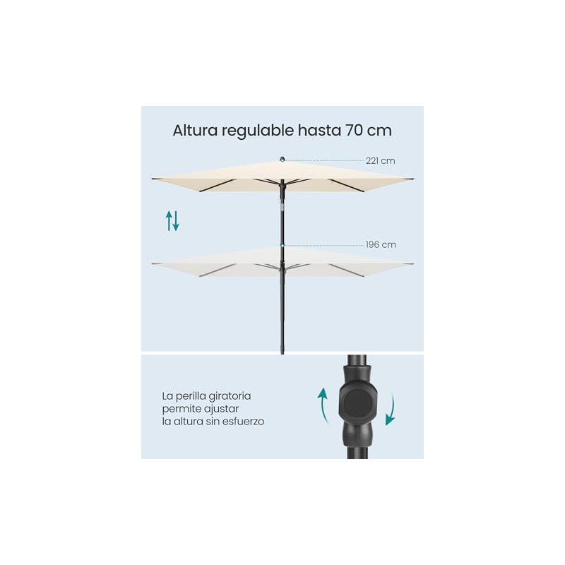 SONGMICS Sombrilla de Patio, Parasol de Exterior, Techo Inclinable, para