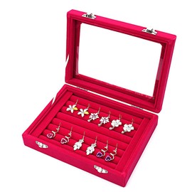 LANTWOO Velvet Glass Jewelry Display Storage Box Ring Earrings Jewelry Box Ring Holder Case, 2 Clasps
