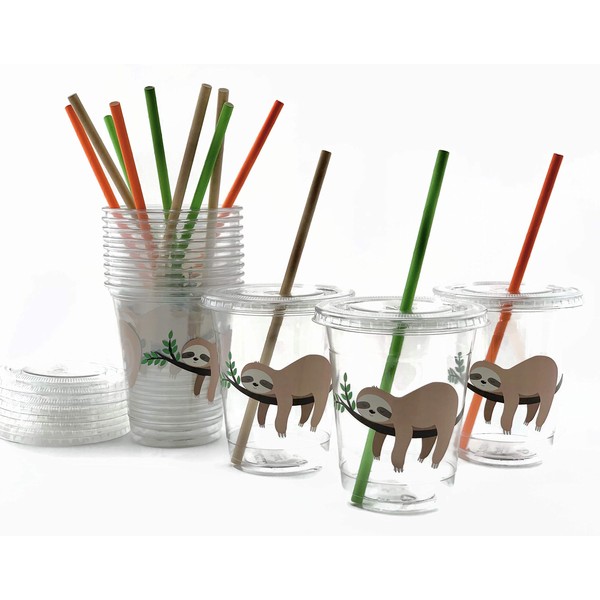 Sloth Party Plastic Disposable Cups Tropical Jungle Safari Birthday (12 Set)