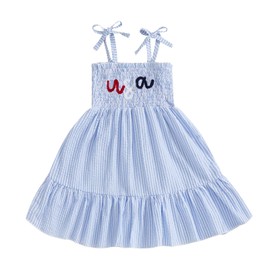 4th of July Toddler Baby Girl Outfit USA Dress Bowknot Halter Fouth of July Dresses Girls 4th of July Clothes (Striped Blue USA, 5-6 Years)
