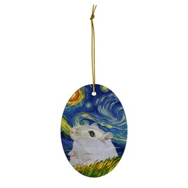 Whimsical Night Sky White Hamster Christmas Ornament White Oval Ceramic - Impressionist Pet Portrait Memorial Keepsake Gifts for Hamster Lovers