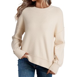 Dokotoo Womens Oversized Sweaters Wool Crew Neck Solid Color Casual Loose Knitted Crop Tops Cute Cashmere Chunky Knit Sweaters Fall Clothes for Women 2024 Apricot X-Large