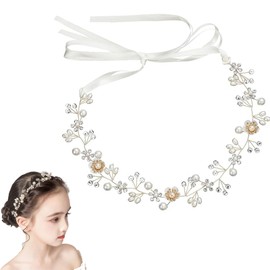 FsGrg Pearl, Flower Ornament, Headband, Ribbon, White, Headdress, Crystal Beads, Weddings, Recitals, Receptions, Graduation Ceremonies, Parties, Dances, Kimonos, Photography, Kids, Adults (Gold)