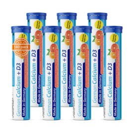 German Calcium + Vitamin D3 Effervescent Tablets Pack of 140 Orange Grapefruit Flavour - 500 mg Calcium, 2.5 μg Vitamin D3 - T&D Pharma - Made in Germany