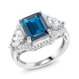 Gem Stone King 4.79 Cttw London Blue Topaz Ring For Women In 925 Sterling Silver | Emerald Cut 10X8MM | Gemstone November Birthstone | Available In Size 5, 6, 7, 8, 9