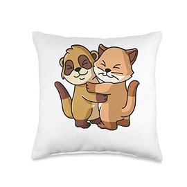 Meerkat and Cat Hugging Cute Kawaii Animal Lover Women Girls Throw Pillow