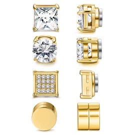 Jstyle 4 Pairs Stainless Steel Magnetic Stud Earrings for Men Women Gold CZ Non-Piercing Clip On Stud Earrings Set 6-8MM