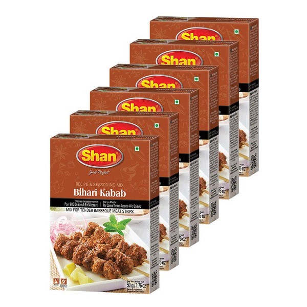 Shan - Bihari Kabab Seasoning Mix, (50g) - Spice Packets for Barbecue Meat Strips (Pack of 6)
