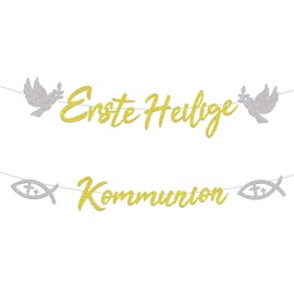 First Holy Communion Garland, Confirmation Decoration Flag, Christening Decoration Banner, Hanging Decoration Banner Confirmation for First Communion Decoration, Christening Party Decoration (Gold)