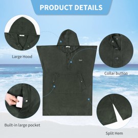Kato Tirrinia Mikrofaser Bade Surf Poncho für Herren Damen Erwachsene, große Kapuze Strandtuch Poncho, Camping Reisen Outdoor, Kragen Knopf Strand Poncho, Bademantel Bequem Reisen Sauna, Armeegrün