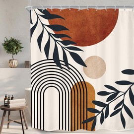 KOMLLEX Boho Abstract Mid Century Shower Curtain Modern Aesthetic Leaves Neutral Minimalist Geometric Arch Brown Sun Plant Fabric Waterproof Polyester 12 Pack Hooks 72Wx72H Inches Bathroom Decor