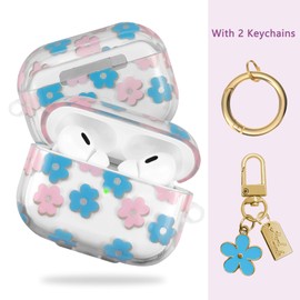 AIIEKZ Compatible with AirPods Pro 2 Case Cover 2022, Soft TPU Case with Cute Flower Pattern for AirPods Pro 2nd/1st Generation Case with Flower Keychain and Carabiner for Girls Women (Blue)