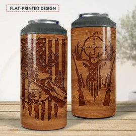 SANDJEST Hunting Tumbler Wood Style American Flag 4 in 1 12oz Tumbler Can Cooler Coozie Skinny Stainless Steel Tumbler Gift for Men Dad Best Friends Hunting Lovers Christmas Birthday Fathers Day