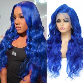 Blue Lace Front Wig Human Hair Pre Plucked 180 Density Blue Wig Human Hair 34 Inch Blue Human Hair Wig Body Wave Colored Lace Front Wigs Human Hair 13x6 HD Lace Frontal Wigs Human Hair for Women