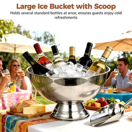 Stainless Steel Champagne Bowl Ice Bucket, 13.5 L Large Ice Bucket with Scoop Tongs, Wine Opener, Wine Stoppers, Ice Buckets for Parties, Silver Wine Chiller, Professional Cocktail Bar Supplies