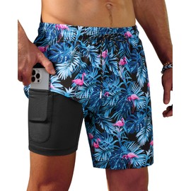 Gleeease 7inch Mens Swim Trunks: 2 in 1 Compression Lined Quick Dry Stretchy Soft Comfort Beach Pool Surf Blue Palm Flamingo