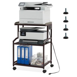 Lauren&Harold 34'' Printer Stand with Storage 3-Tier Printer Table with Power Outlets and USB Ports, Rolling Printer Cart with Adjustable Shelf, Large Bronze Printer Stand with Wheels for Home Office