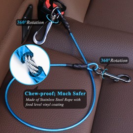 VIVAGLORY Dog Seat Belt, Chew Proof Multi-Functional Waterproof Dogs Safety Belt, Heavy Duty Steel Rope Pet Car Seatbelt Rrestraint Harness for Large Dogs, 37", Blue