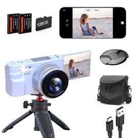 Kidsreer Cameras for Photography & Vlogging, 5K 72MP Digital Cameras 10X Optical with WiFi & Flip Screen, 128GB Card, Tripod, Compact Travel Camera AF+MF, YouTube Camera for Teens, Creators (White)