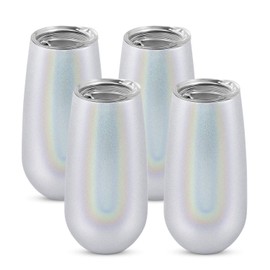 Paquete de 4 copas de champaña sin tallo con doble aislamiento, con tapa, 6 onzas, irrompibles, reutilizables, copas de champaña, gran regalo para amigos, familia, Navidad, cumpleaños, purpurina, color blanco, Blanco (Glcr Ic/White/Atmc Vlt/Atmc Or), 177