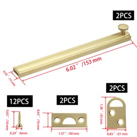 Bitray Brass Slide Bolt Latch 6 Inch Equipped with Strike Plate&Screws Golden Retro Track Door Bolts 2 Sets