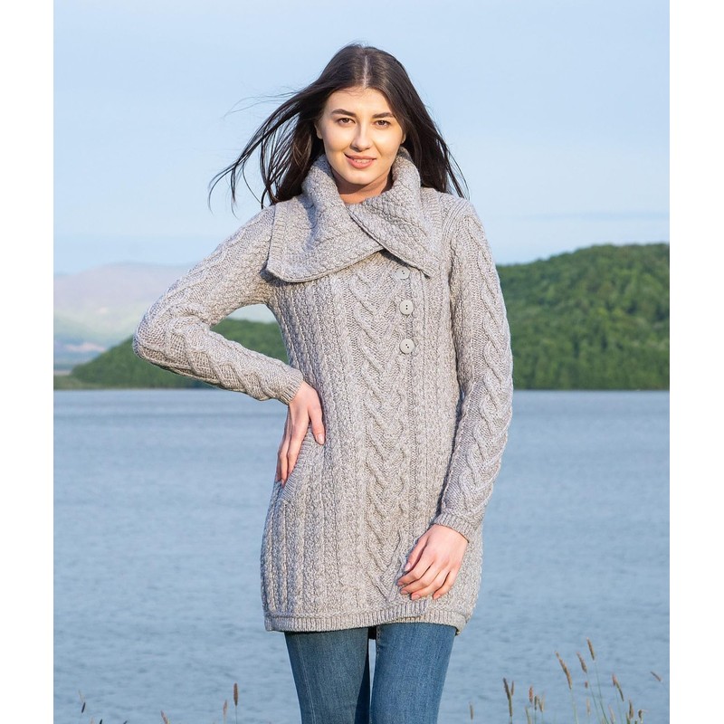 SAOL 100% Irish Merino Wool Women Classic Cable Coat (Grey,
