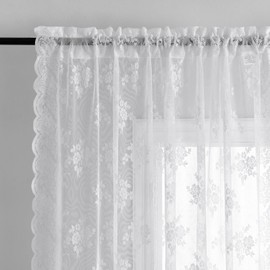 Kotile White Lace Kitchen Curtains 30 Inch Length 2 Panels Rustic Floral Retro Lace Curtains Short for Small Bathroom Windows Doors Decor, Rod Pocket Privacy Sheer Lace Café Curtains, 42 x 30 Inch