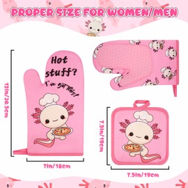 Prewplam Oven Mitts and Pot Holders 3pcs Set, Axolotl Kitchen Oven Glove High Heat Resistant, Cute Oven Mitts and Potholder with Non-Slip Silicone Surface for Cooking Baking Barbecue