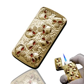 VOGEERA Cool Skull Lighter, Jet Torch Lighter, Refillable Butane Inflatable Lighter, Metal Windproof Lighter, Soft Flame Lighter, Unique Gift for Men, Candle Outdoor Camping (No Gas) (Gold)