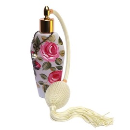 Elegant Pretty Frosted Glass Perfume Bottle with Hand Painted Pink Roses Ivory Long Atomizer Fine Mist Spray Bulb with Tassel Romantic Victorian Shabby Chic Vanity Powder Room Decor