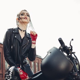 Newellsail 1 Pair Punk Gloves Rivets Half Finger Gloves Fingerless Rock Gloves Women Girls Leather Gloves for Dance, Hip Hop, Performance, Pole Dance, Cosplay, Party (Red), red