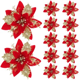 Canlierr 5.7 Inch Artificial Poinsettias Christmas Glitter Flowers with Clips Xmas Tree Flower Ornament Poinsettias Decor (Red Golden,12 Pieces)