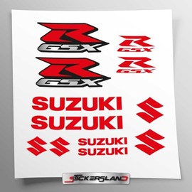 Sticker Set Compatible with Tank and Motorcycle Helmet GSX R | Base Vinyl Transparent Easy to Apply UV Printing | Lettering Logos | Stickersland® (Red)
