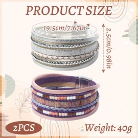 ZAGQIG 2 Pcs Leather Wrap Bracelets for Women Boho Rustic Multi-Layer Bracelet Clasp Beads Stackable Faux Rhinestone Bracelet Cuff for Women Slender Wrist (Purple+Silver Gray)