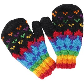 GURU SHOP Wool Gloves, Hand Knitted Mittens from Nepal, Men/Women, Multicoloured, Size: One Size, Black/multi-coloured