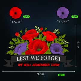 Red Purple Poppy Window Stickers, Remembrance Day Window Stickers Double Sided Static Lest We Forget Car Stickers Poppy Decals Remembrance Day Decorations (Medium, We Will Remember Them)