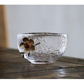 ZENATION Japanese hammered glass exquisite -set of 2 tea cups/sake cups, with tin and copper plum blossom decoration-B