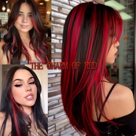myhstory 12 Pcs Red Clip in Hair Extensions Colored Party Highlight Colorful Cosplay Dress Up 20 Inch Straight Hair Clip In Hair Pieces(Red)