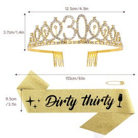 Semato 30th Birthday Sash & Rhinestone Tiara Kit - 'Dirty thirty' Happy 30th Birthday Gifts for Women - Gold